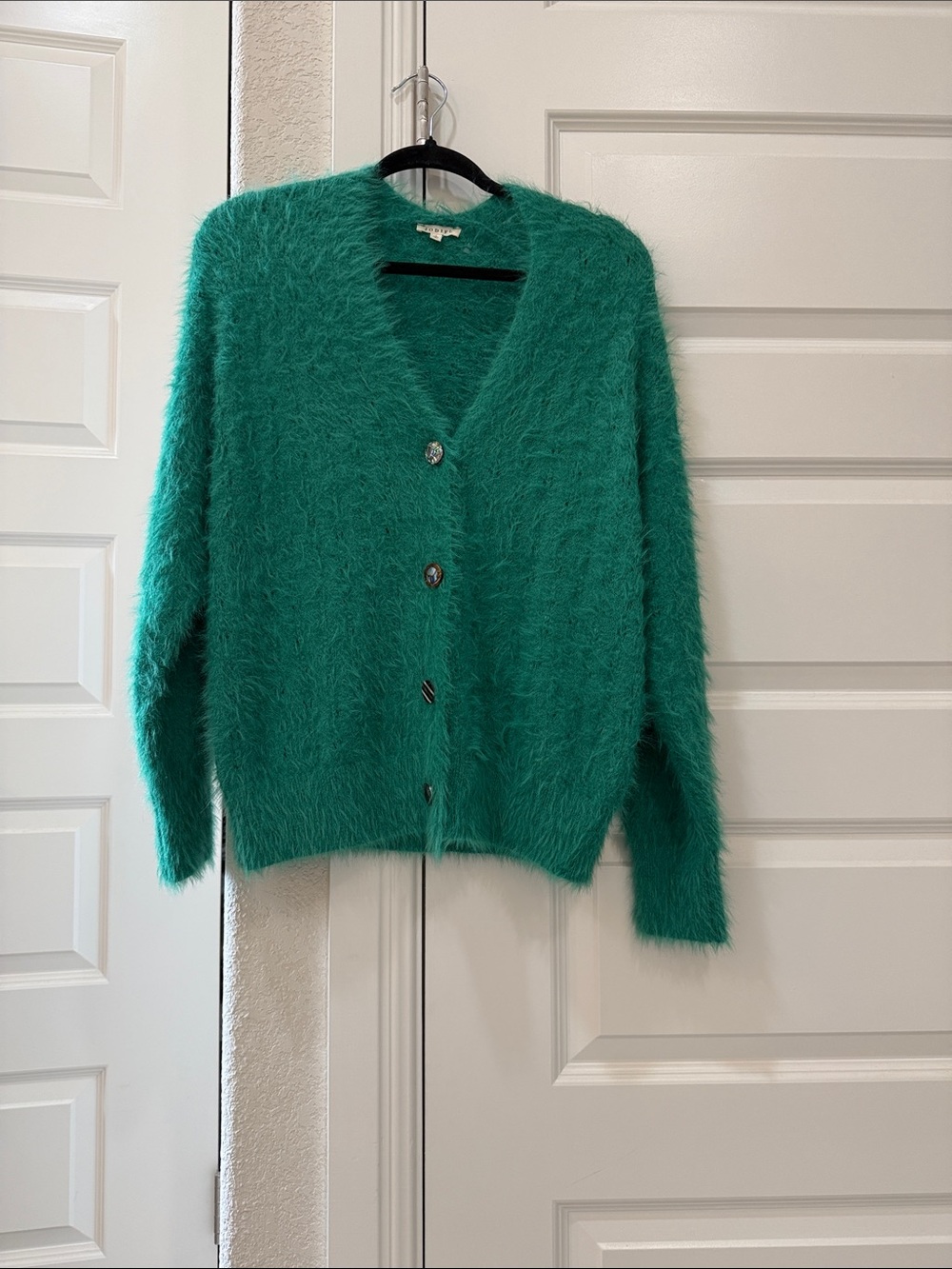 JODIFL- Fuzzy Green  V-Neck Button-Front Cardigan
